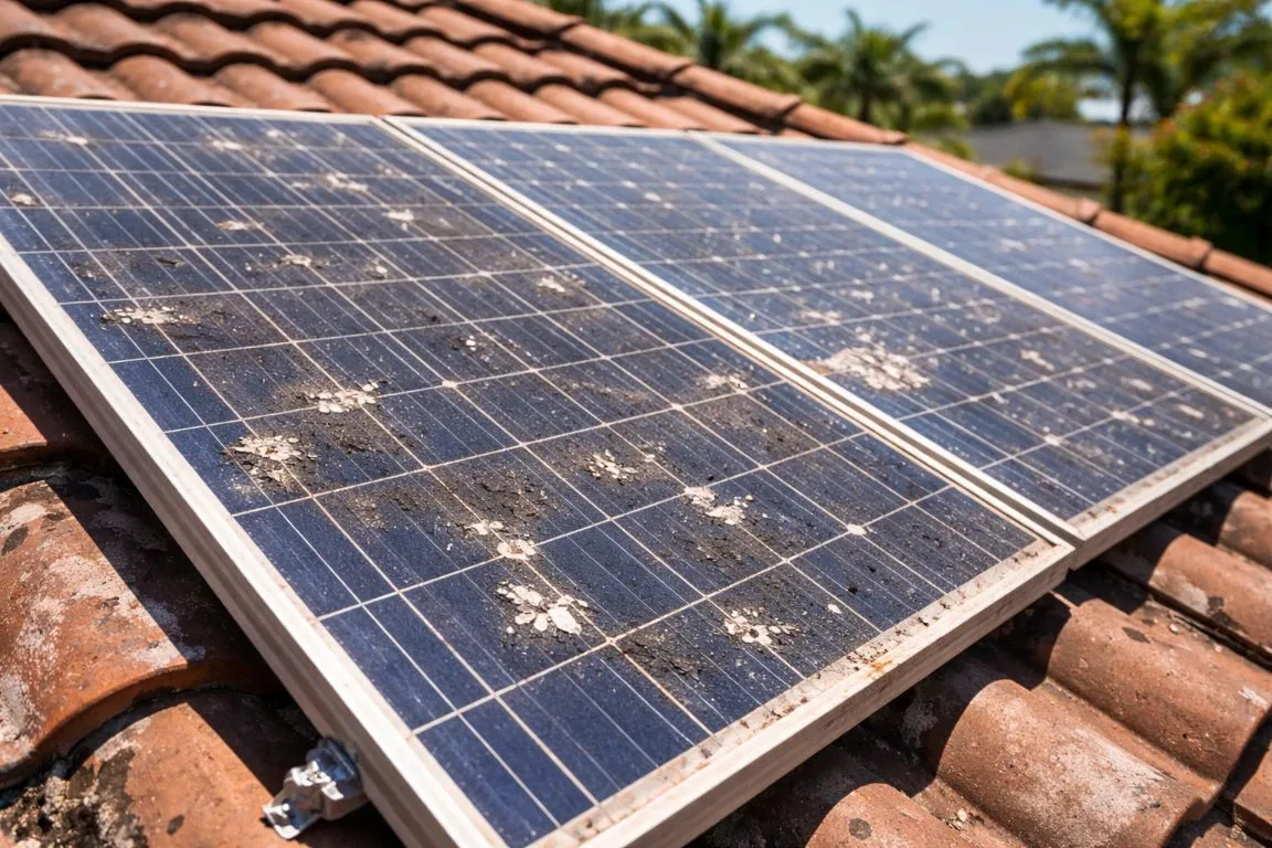 Close-up of rooftop solar panels heavily contaminated with lichen and droppings